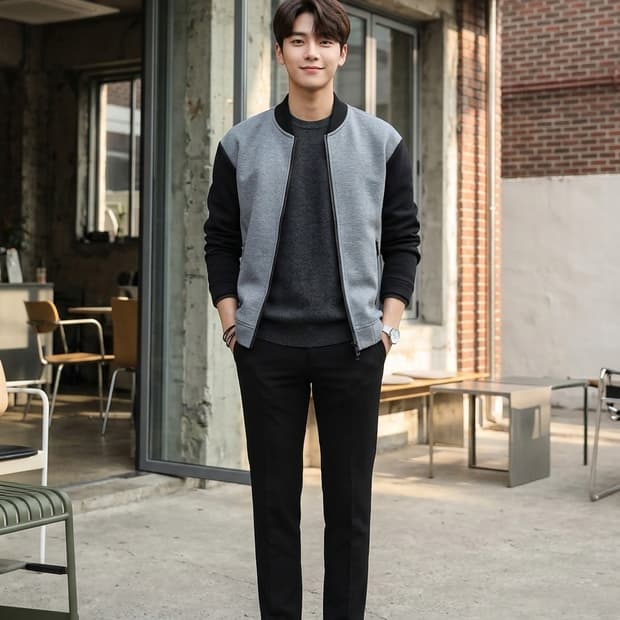 바이시리즈(by series;) 네오프렌 라이크 배색 블루종 자켓