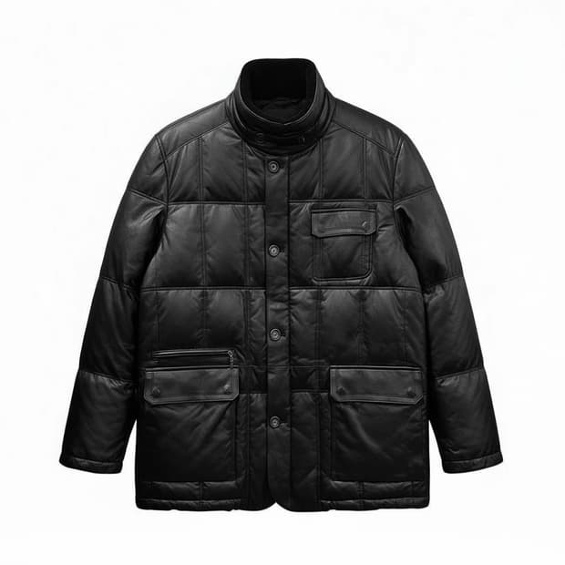 ITALY VINTAGE 패디드 가죽 자켓 플랩포켓 퍼카라넥 디테일 블랙