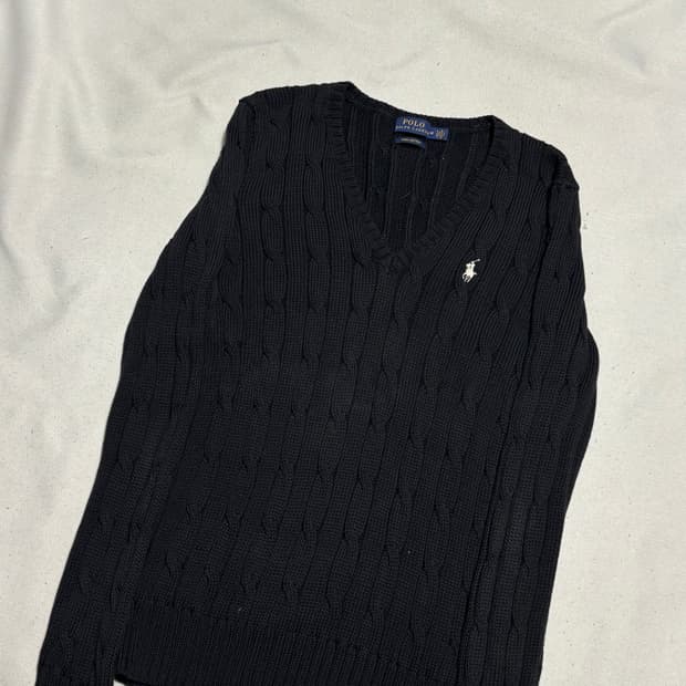 M 폴로랄프로렌 여성용 화이트 포니 브이넥 케이블 니트