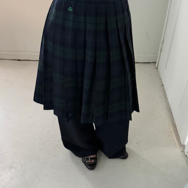 일본빈티지 체크 핀턱 미디스커트