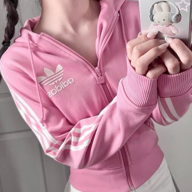 아디다스 핑크 빅로고 삼선 후드집업