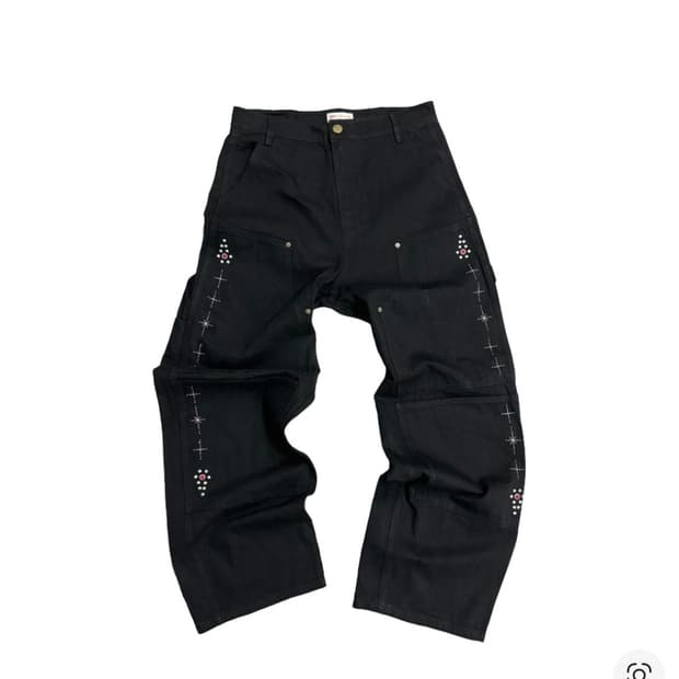 아오이로 페이크 스터드 커트 더블 니 팬츠 데님 블랙