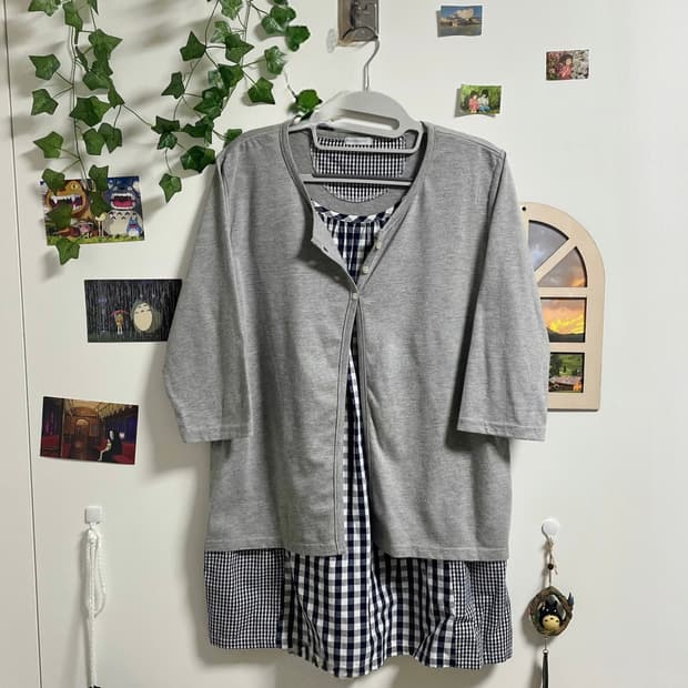 모리걸 바선생 가디건 체크 블라우스