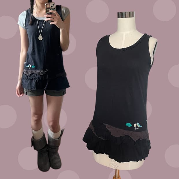 빈티지 모리걸 블랙&브라운 러플 슬리브리스 원피스