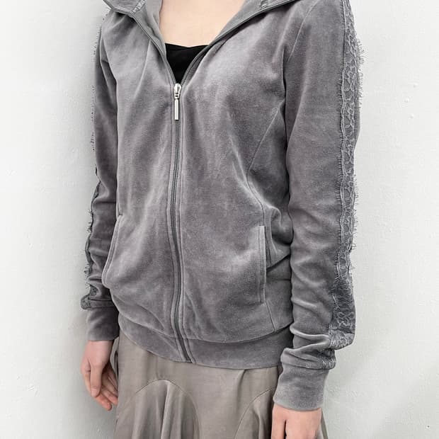 그레이 벨벳 레이스 집업