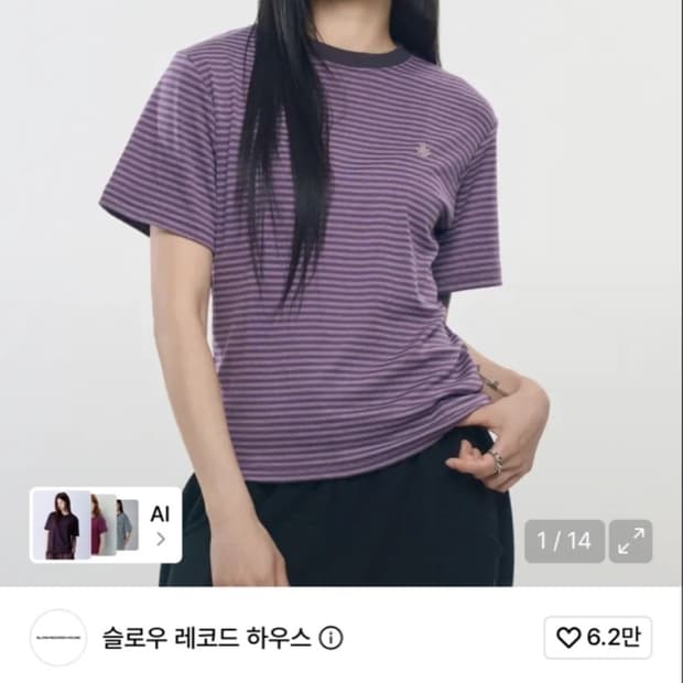 슬로우레코드 스트라이프 반팔티 퍼플
