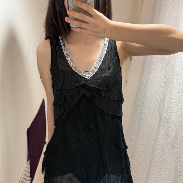 Sequin neck tulle layered top