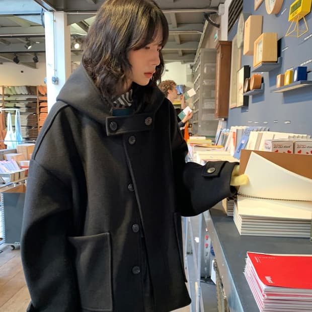 데일리쥬 제라디 발마칸 후드 코트 (숏, 블랙)