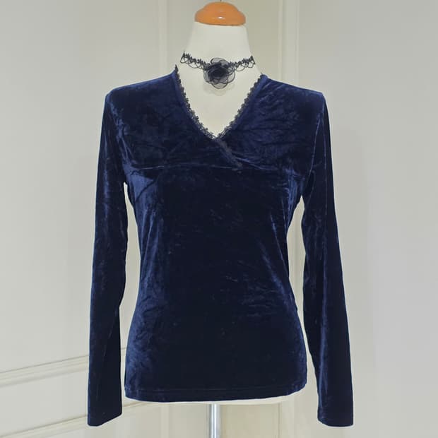 일본빈티지)네이비 고딕로리타st 로맨틱 레이스 벨벳 긴팔블라우스