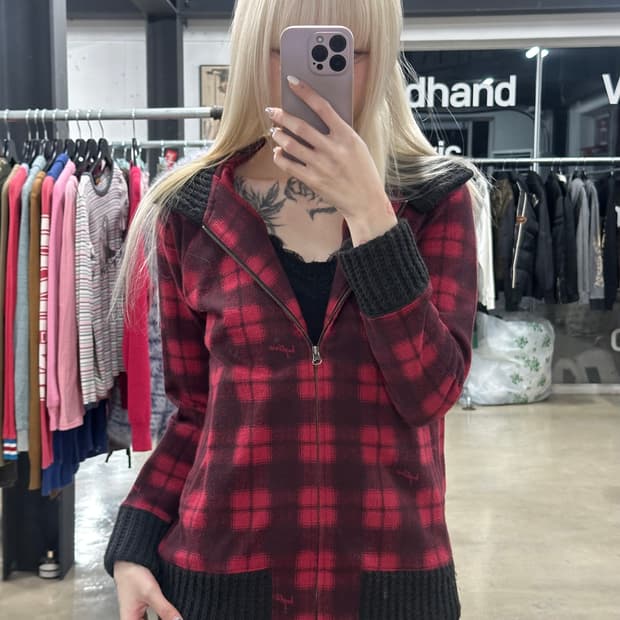 히스테릭 글래머 체크 로고 집업