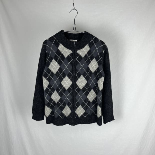 Vintage 아가일 패턴 울 니트 집업