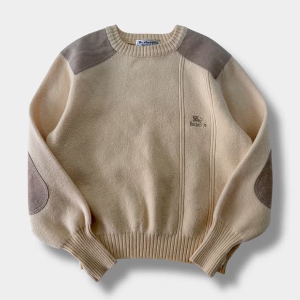 버버리 90's 루즈핏 아이보리 스웨이드 패치 코만도 울 니트