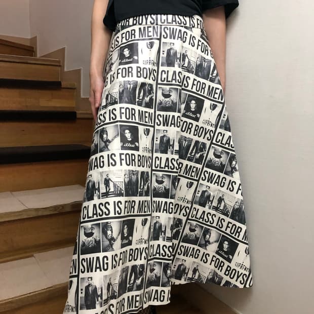 빈티지 뉴스페이퍼 프린팅 롱 스커트