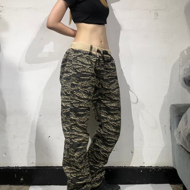 일본 빈티지 카키 카모 밀리터리 카고 팬츠 L