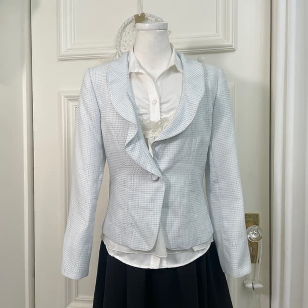ice blue tweed ruffle spring jacket