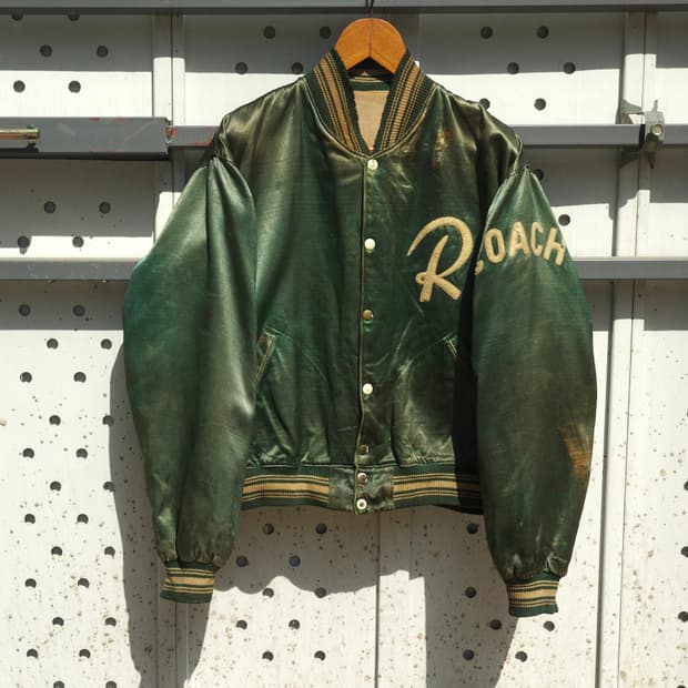 50s ‘R’ ‘Coach’ 울 펠트 패치 나일론 새틴 레터맨 자켓