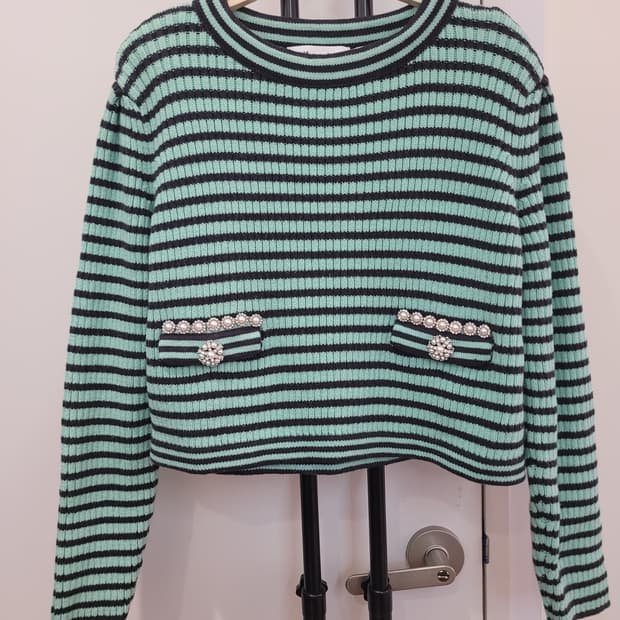 셀프포트레이트 그린 멜란지 스트라이프 크롭 니트 M사이즈