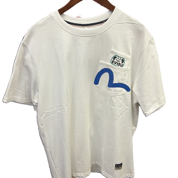 EVISU 1991 포켓 블루 갈매기 로고 반팔 티셔츠 화이트