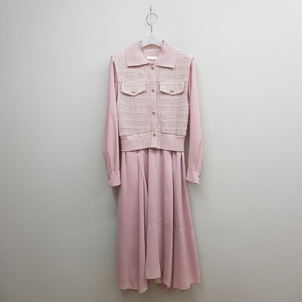 한섬 SJSJ 2023 트위드 배색 플리츠 롱 원피스 82-94-160