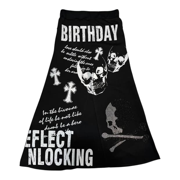 M.K.R 엠케이알 큐빅해골프린팅 기모 밴딩 롱 스커트 펑크y2k갸루