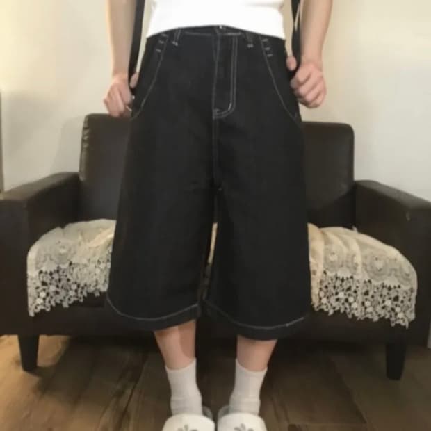 에이블리 블루하츠 블랙 생지 버뮤다 팬츠