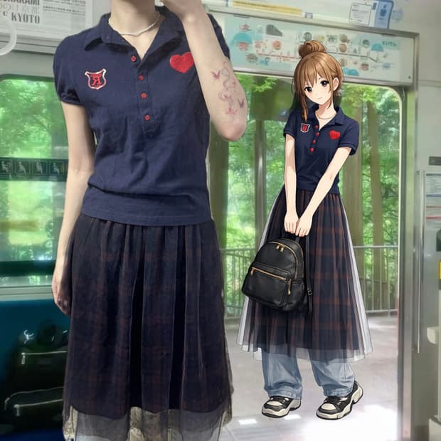 택포 코디세트 하트 네이비 자수 카라티 + 체크 샤스커트