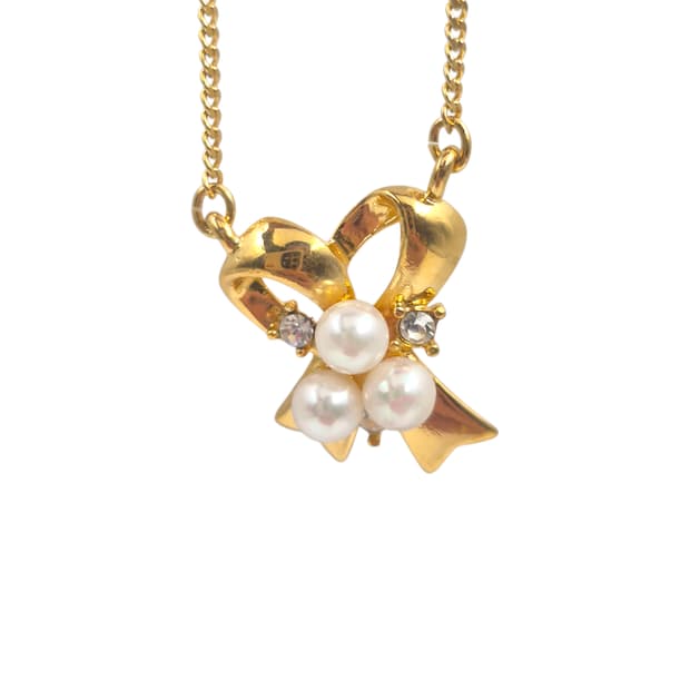 90s 꾸레쥬 사이드 리본 진주 큐빅 목걸이