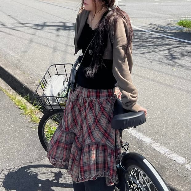 모리걸 하구미 레드 체크 캉캉 언발 스커트