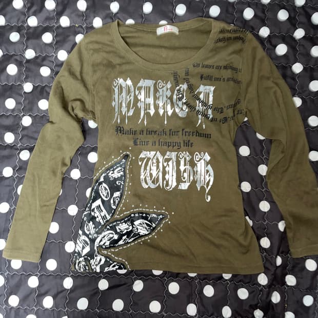 갸루 펑크 슬리브 카키 프린팅 긴팔티셔츠 오네갸루 빈티지y2k