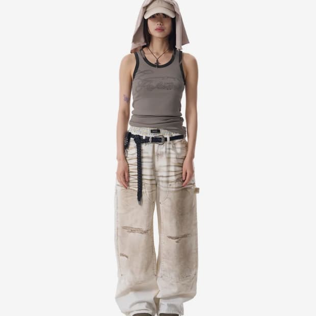 아캄 Dirty Washed Double Knee Cotton Pants