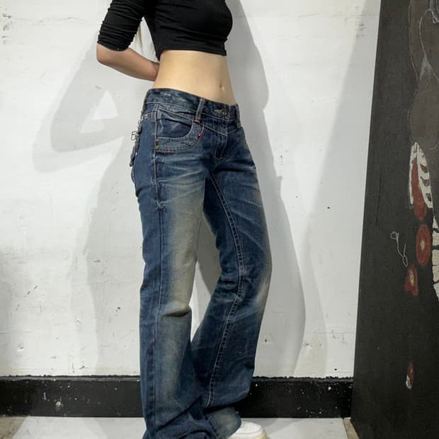 일본 빈티지 진청 로리타 진스 부츠컷 청바지 새깅 데님 팬츠