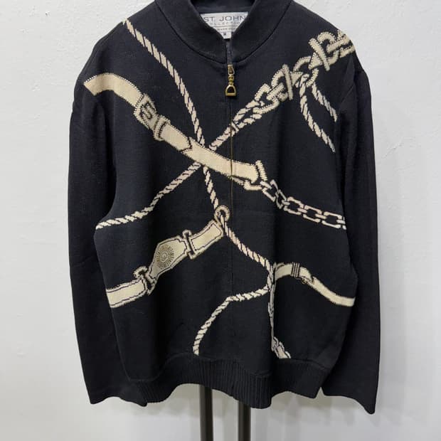 정품) St. John 센존 세인트존 블랙 체인 패턴 니트 집업 M