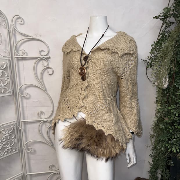 Beige bohemian flower crochet wool 가디건