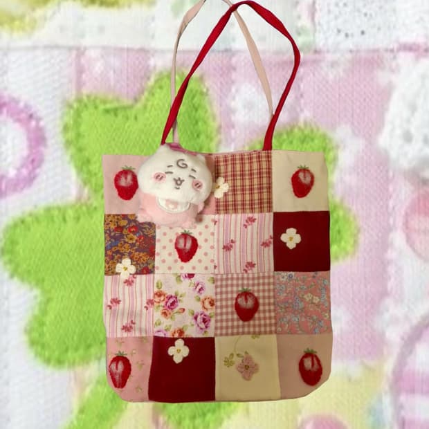 모리걸 일본 빈티지 뜨게 딸기 핑크하우스 에코백 숄더백 가방