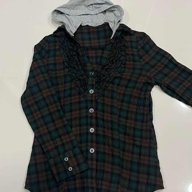 빈티지 후드 체크 셔츠 브라운/그린 프릴 블라우스 셔츠