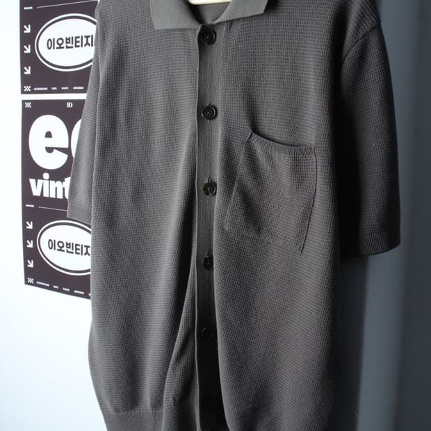 (XL-2XL) 시프트지 반팔 카라 티셔츠 니트 가디건 카키-H32773