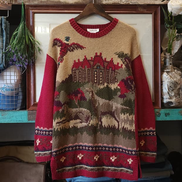 90s 빈티지 핸드메이드 니트 원피스 컨트리 강아지 프린팅 코튼 니트 M