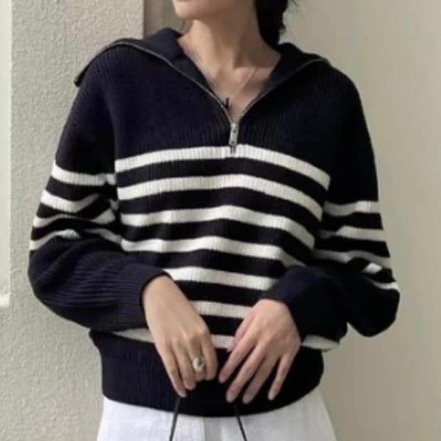 COS 코스 니티드 지프업스웨터 스트라이프
