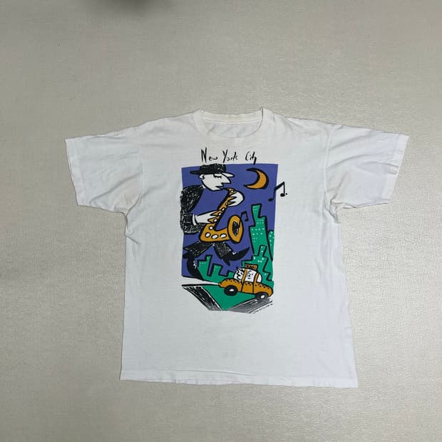 90s 빈티지 뉴욕시티 재즈 일러스트 아트티셔츠 XL