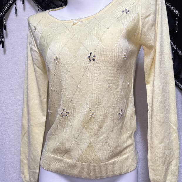 일브 아가일 진주 큐빅 니트 로맨틱갸루 로걀탑 러블리 라떼 핀터 하구미