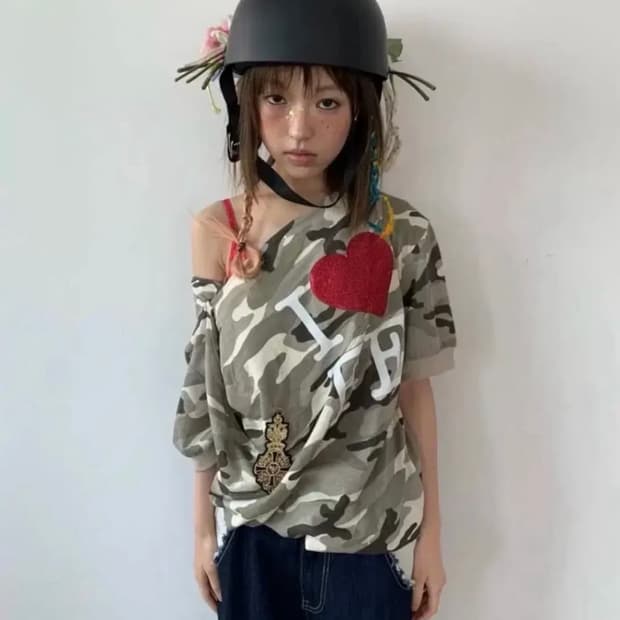 샵페어리 카모 카울넥 티 cowl neck button t-shirt