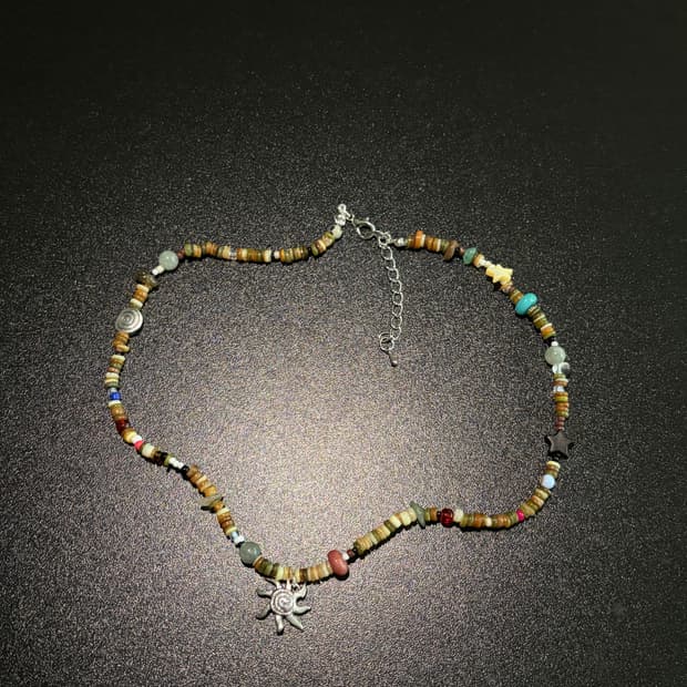 빈티지 비즈 태양 우드 목걸이 / sun wood necklace