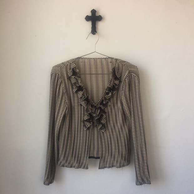 Ruffle point check pattern pleats cardig