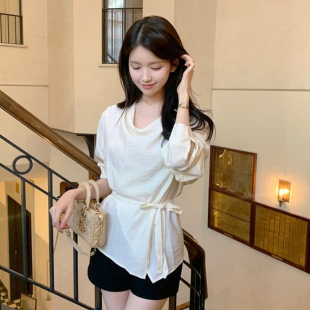 퍼빗 잔느 드레이프 랩 리본 블라우스 여성 블라우스