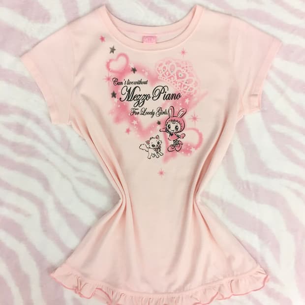 메조피아노 핑크 크라운하트 마스코트 프릴 티셔츠 히메갸루 조지후쿠