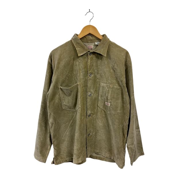 M) 빈티지 JPN 카키 크링클 워싱 벨벳터치 셔켓 TS-075