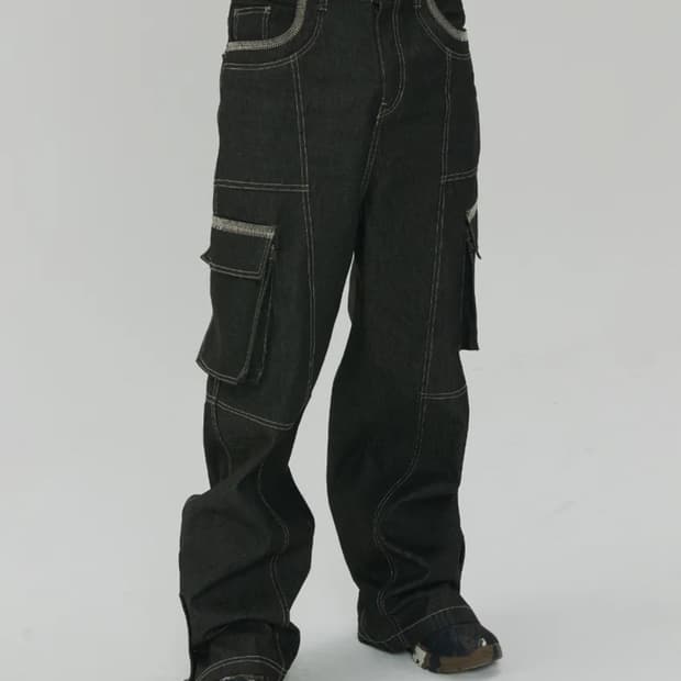 메종미네드 OBLIQUE PATCH DENIM PANTS BLACK