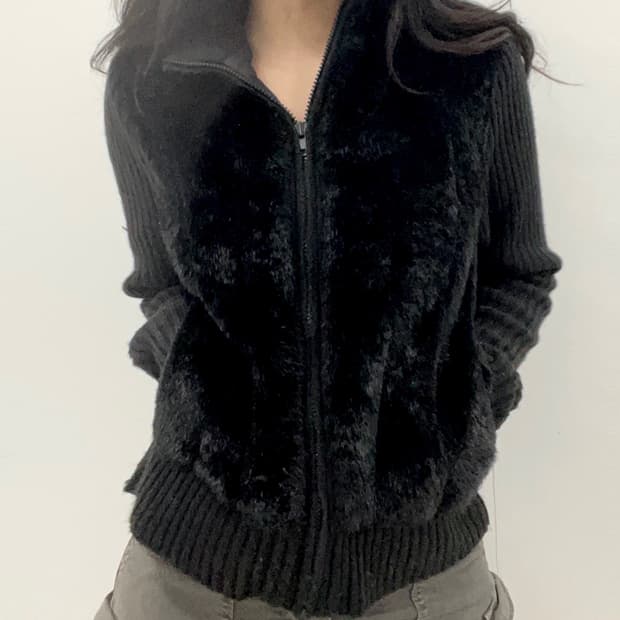 Black fur layered knit zip-up