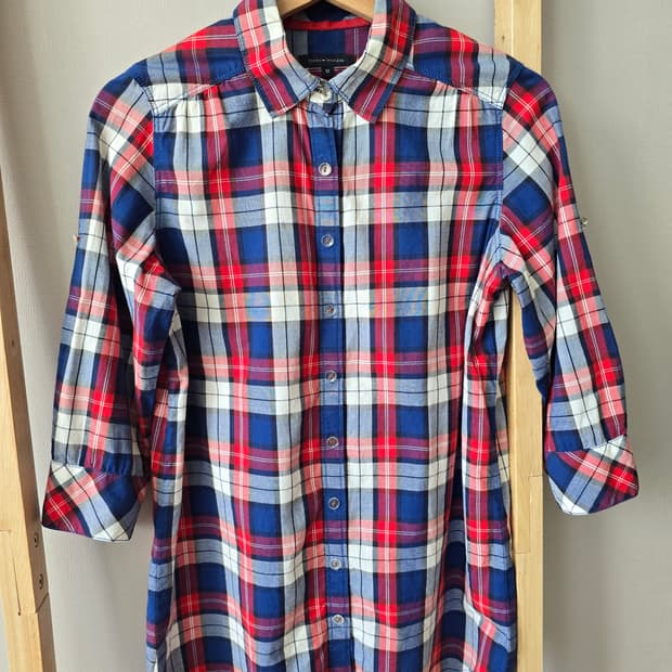 타미힐피거 체크 셔링 롤업 셔츠