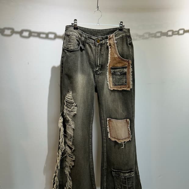 Y2K 오네갸루 부츠컷 데미지 프린지 빅포켓포인트 팬츠